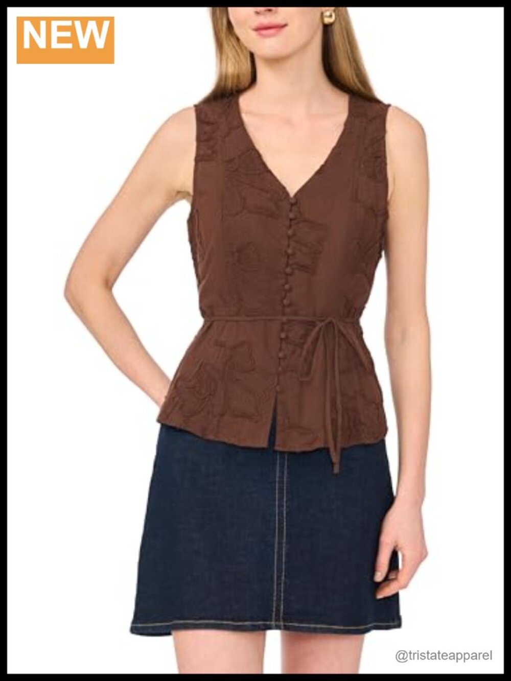 Vince Camuto Sleeveless Leaf Embroidery Tie Waist Blouse Mocha Square Neck